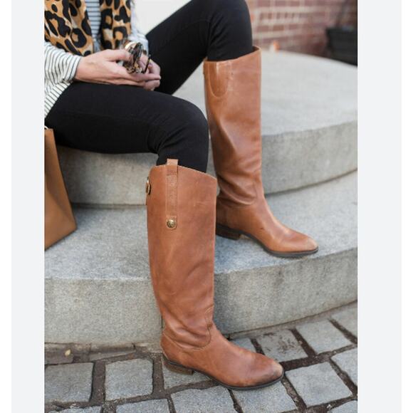 Sam Edelman Penny Back Zip Wide Calf Block Heel Riding Boots Brown Size 7 - Picture 1 of 11